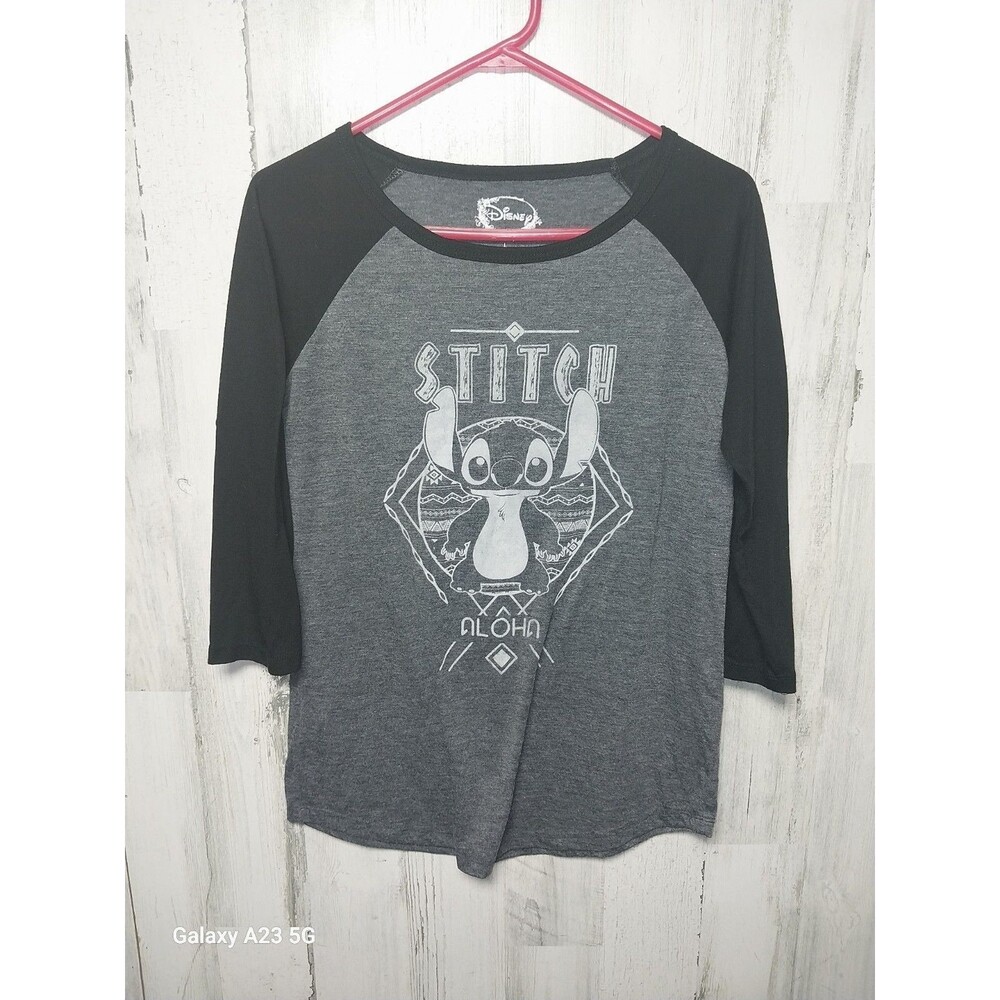 Junior's Stitch Graphic Charcoal Heather Dark Gray Top Size Large